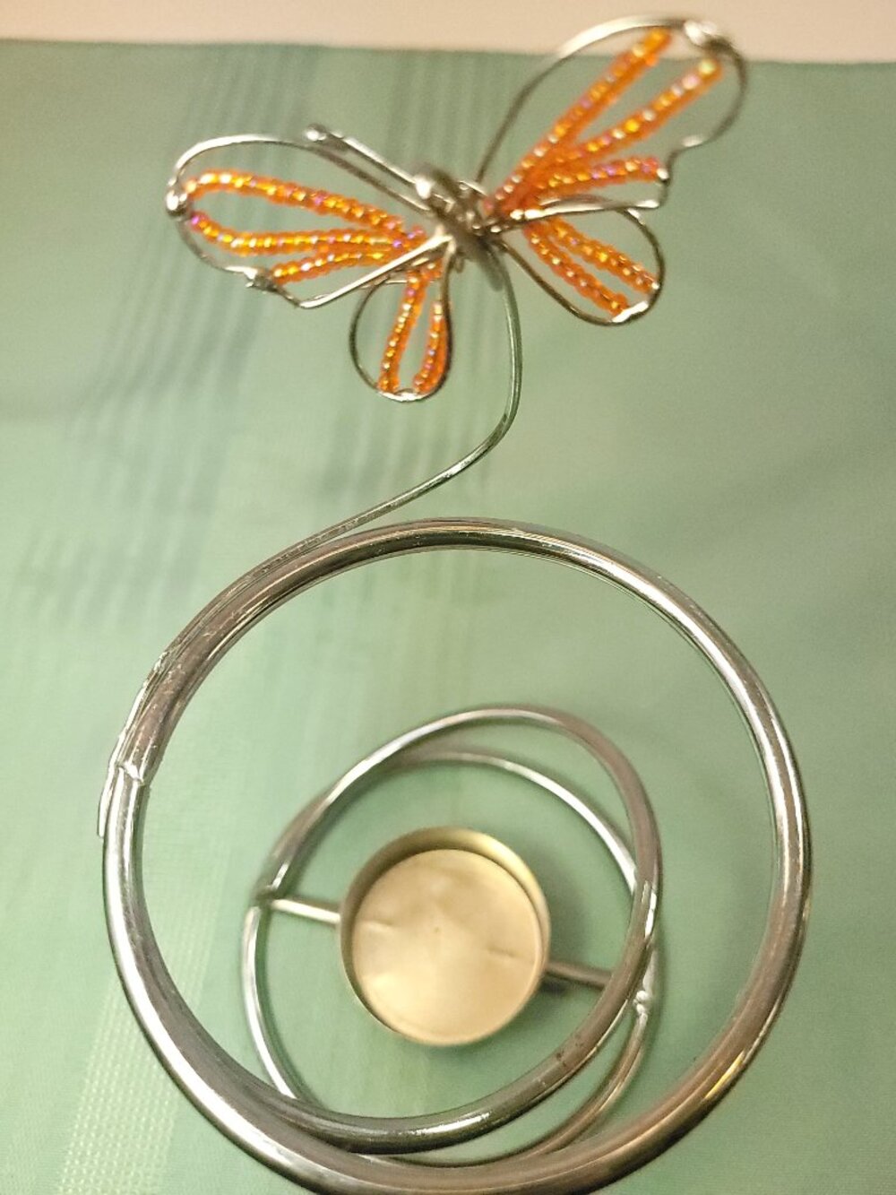 Butterrfly Tea Light Holder Spiral Wire Candle Stand with Beaded Wings Cir. 1999